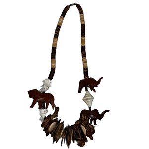 Vintage Tribal African SAFARI Theme Carved Wooden Statement Necklace